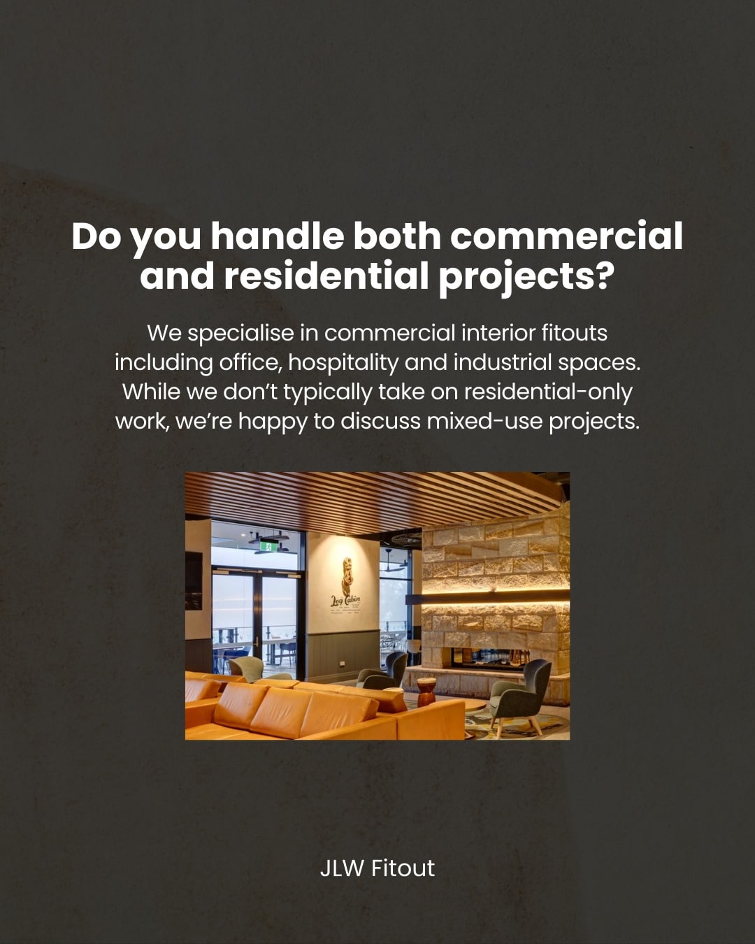 A common question we get: do we handle both commercial and residential projects?

Our focus is on commercial fitouts, including office, hospitality and industrial spaces. While we don’t typically take on residential-only work, we are always open to discussing mixed-use projects that blend commercial and residential elements.

If you have any questions please reach out to the JLW team via the link in our bio. 

#JLWfitout #commercialfitouts #officefitouts #warehousefitout #innovativedesign #luxuryinteriors #sydneyinteriors #fitoutsydney